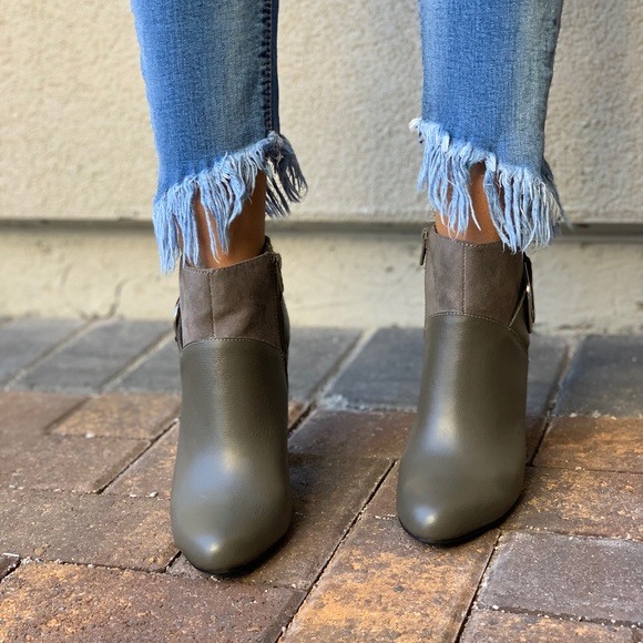 Olive Distressed Leather Chunky Heel Ankle Booties - Picture 2 of 8